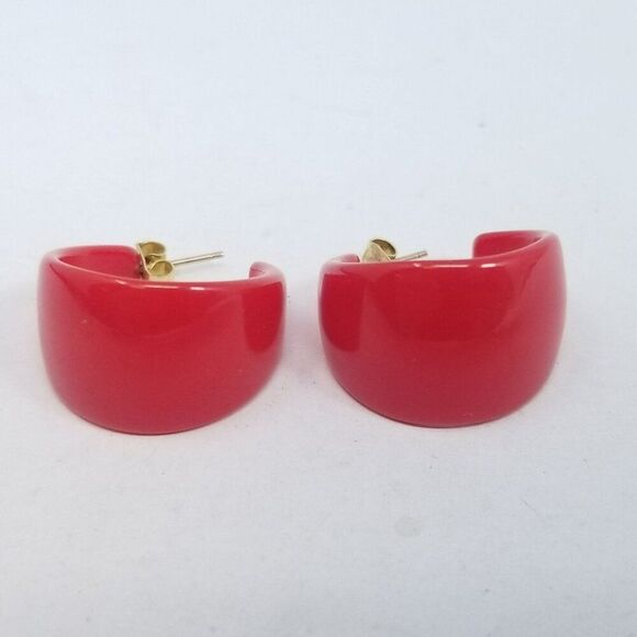 Vintage Cherry Red Plastic Wide Huggie Hoop Earrings, Studs, Retro Estate - Picture 5 of 5